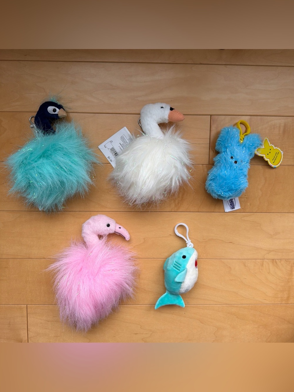 Plush Keychains Birds Peacock| Swan| Flamingo| Peeps Blue Bunny| Blue Shark 5PC